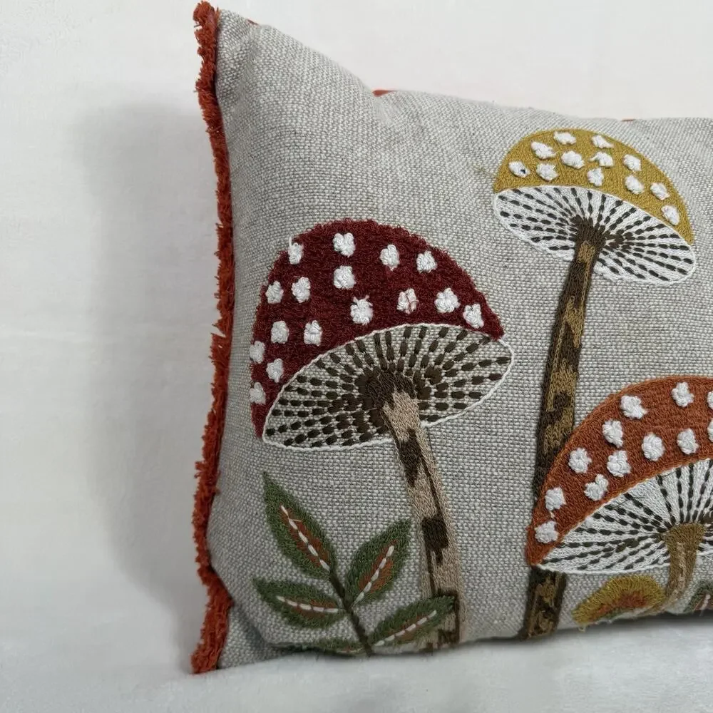 Well Dressed Home Mushroom Embroidered Lumbar Pillow Cottagecore Woodland NWT